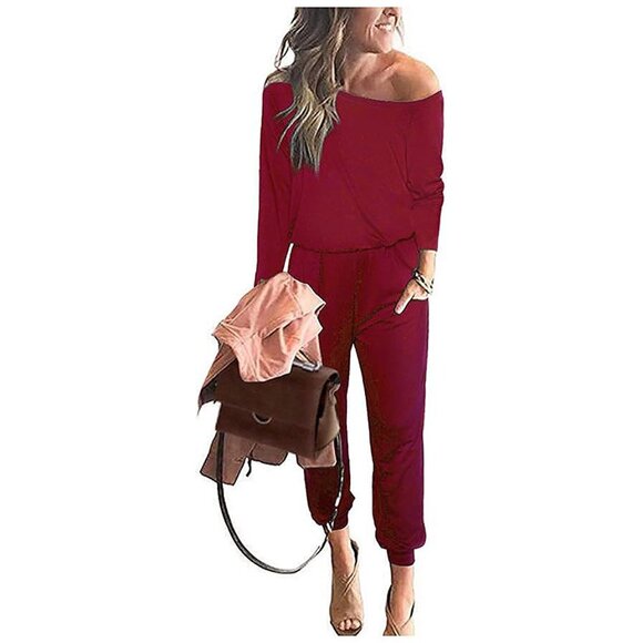 Women's Casual Long Sleeve Jumpsuit Crewneck One Off Shoulder Brick Red